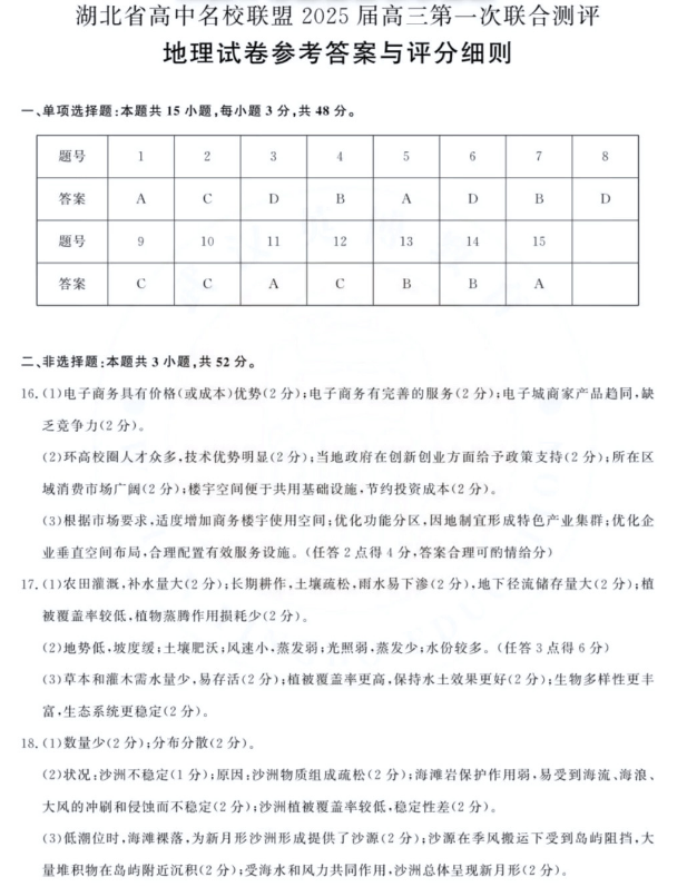 湖北2025届圆创联盟高三8月联考地理试题及答案汇总