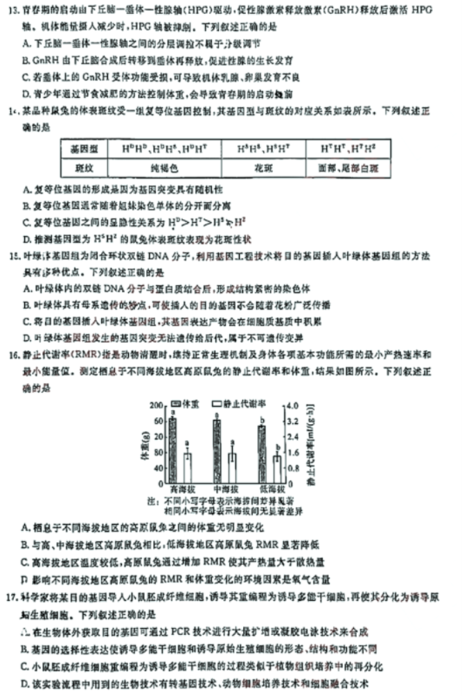 湖北2023高三五月联合测评生物试题及答案