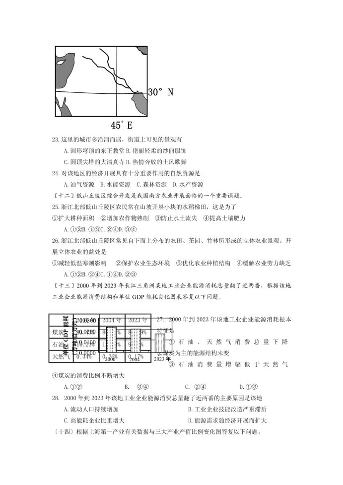 上海2023届高考地理适应性月考卷