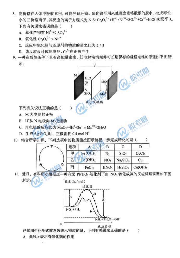 安徽A10联盟2025届高三11月联考化学试题及答案