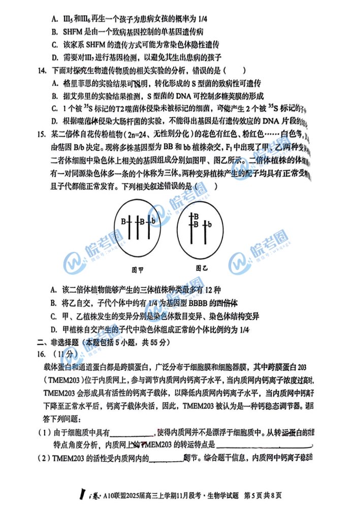 安徽A10联盟2025届高三11月联考生物试题及答案