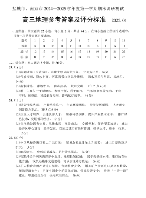 江苏2025高三南京盐城期末(一模)考试地理试题及答案