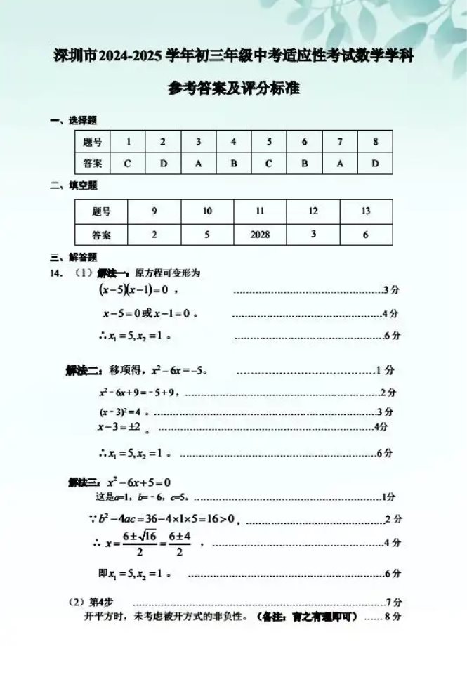 2024-2025学年深圳初三中考适应性考试数学试卷及答案