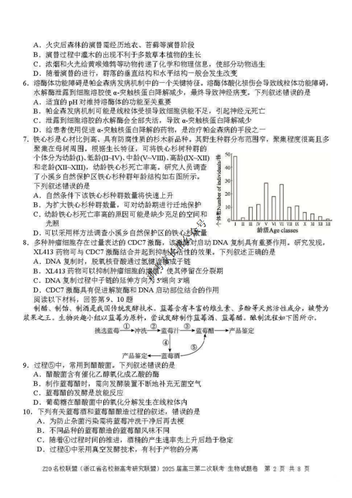 2025年浙江省Z20名校联盟高三2月联考生物试题及答案