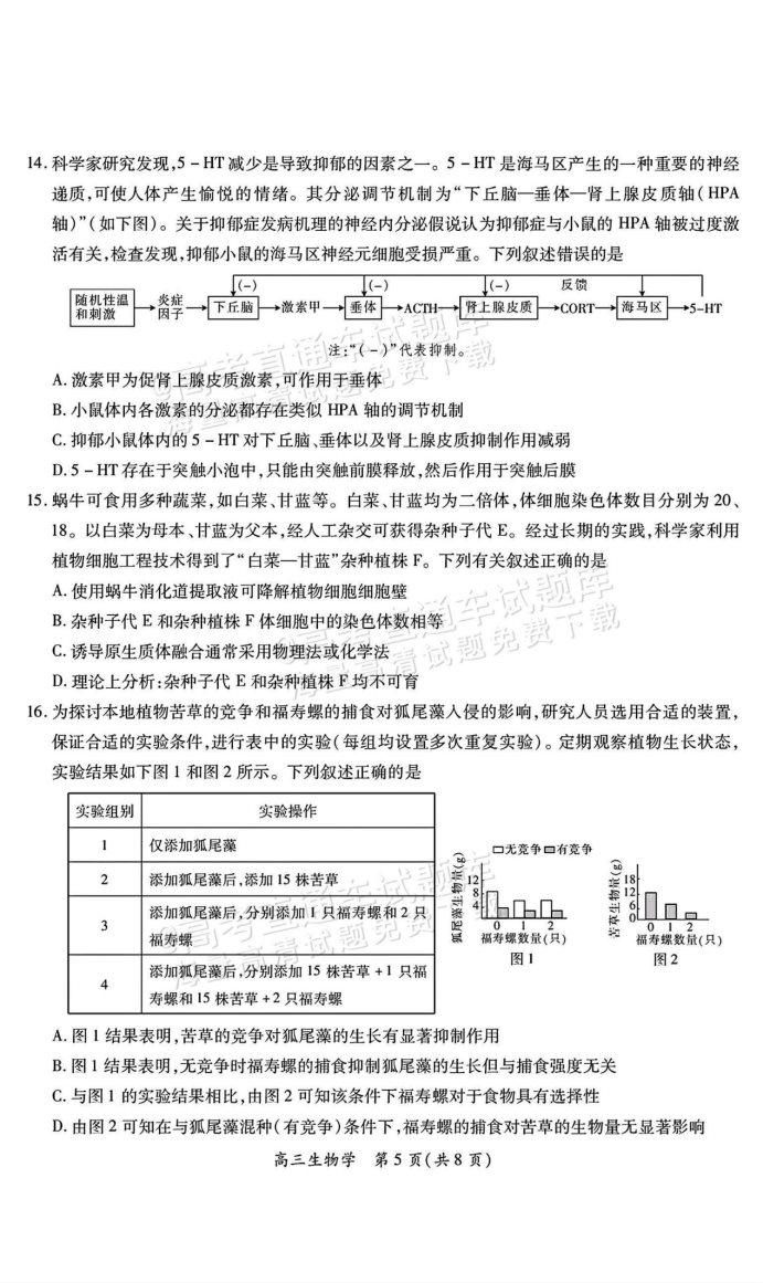 江西上进联考2025届高三2月统一调研测试生物试卷及答案