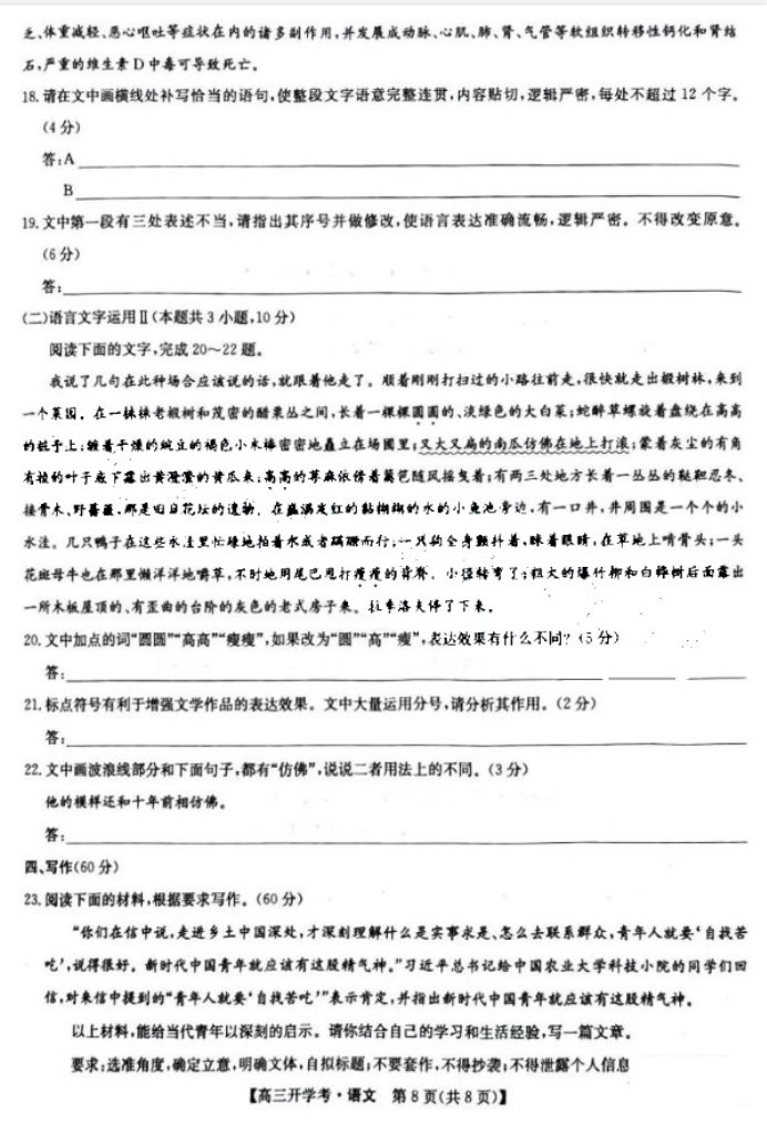 2024届九师联盟高三摸底联考语文试题及答案解析