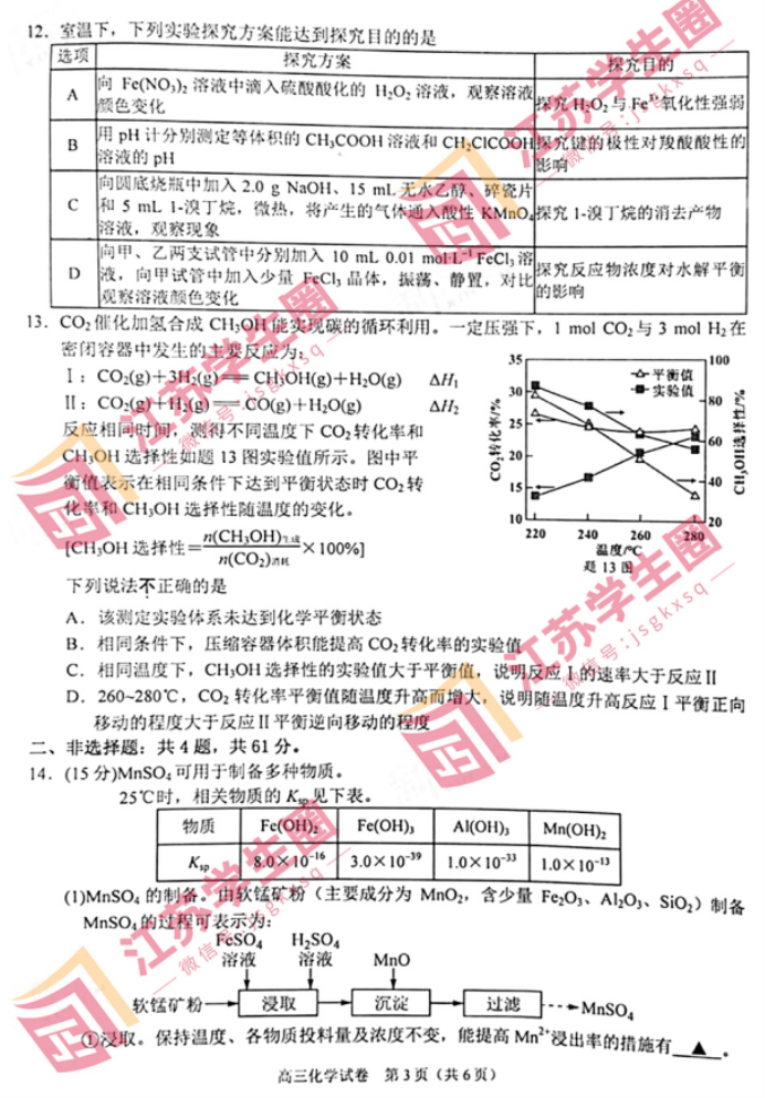 2024江苏南京高三零模考试化学试题及答案解析