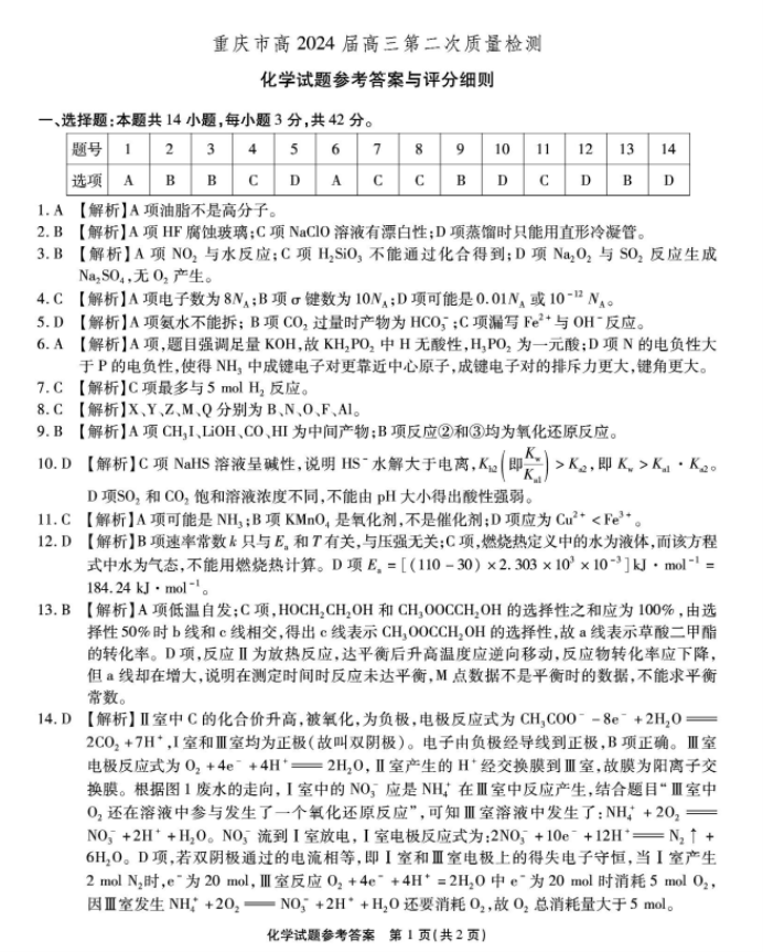 重庆南开中学2024高三第二次质量检测化学试题及答案解析