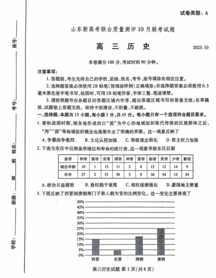 山东新高考2024高三联合质量测评10月联考历史试题及答案