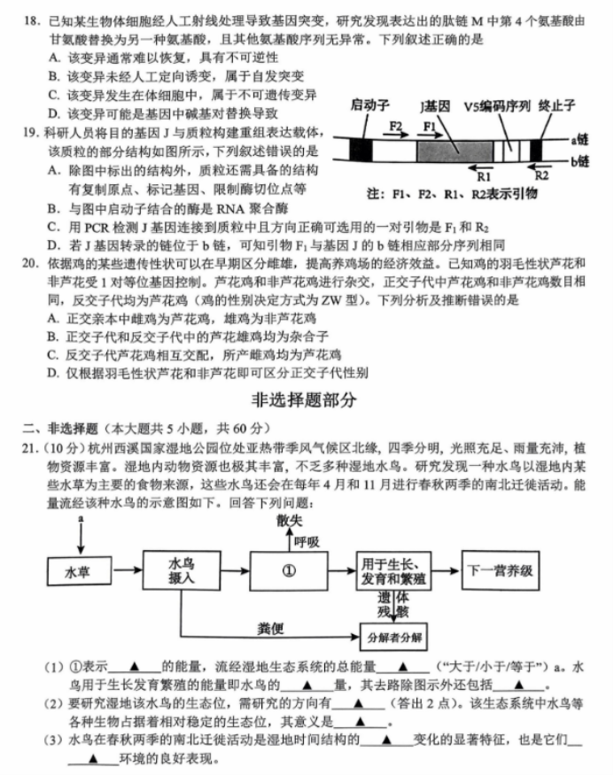 浙江新阵地联盟2024高三10月联考生物试题及答案解析