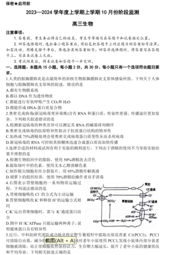 山东2024高三10月潍坊五县市联考生物试题及答案解析