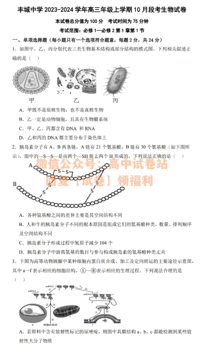 江西丰城中学2024高三上学期10月段考生物试题及答案解析