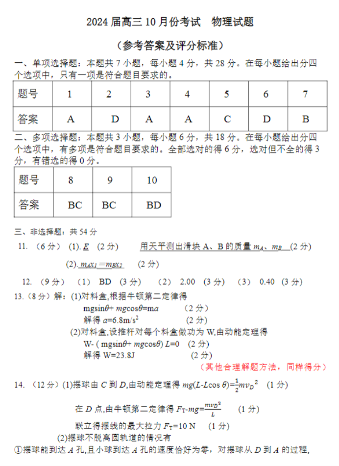 河北唐县一中2024高三10月月考物理试题及答案解析