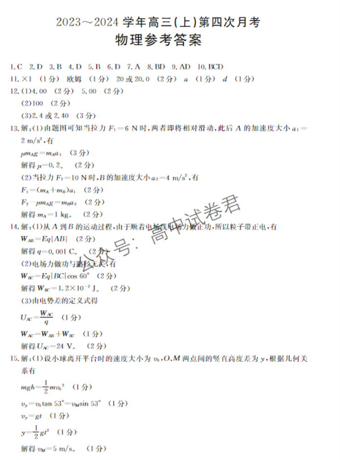 河北邢台五岳联盟2024高三第四次月考物理试题及答案解析