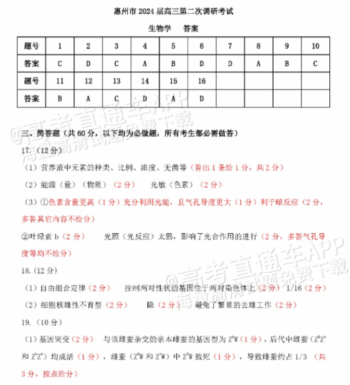 广东惠州2024高三10月第二次调研考生物试题及答案解析