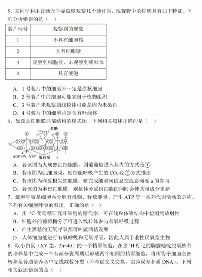 江苏南通2024高三上学期期中考前模拟生物试题及答案解析