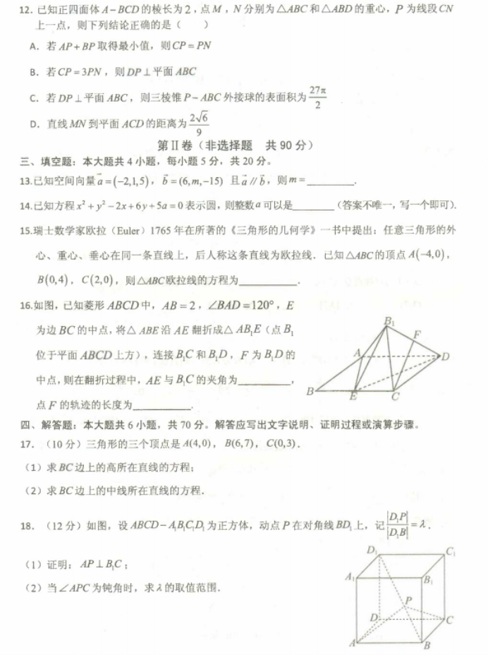 重庆名校联盟2024高二上学期期中联考数学试题及答案解析