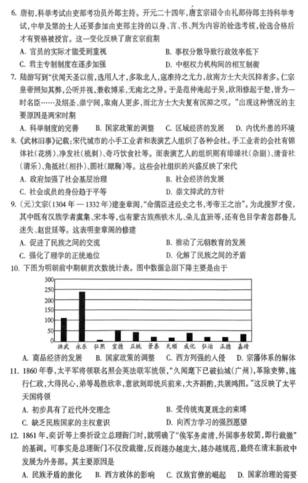 山西吕梁市2024高三一模阶段性测试历史试题及答案解析