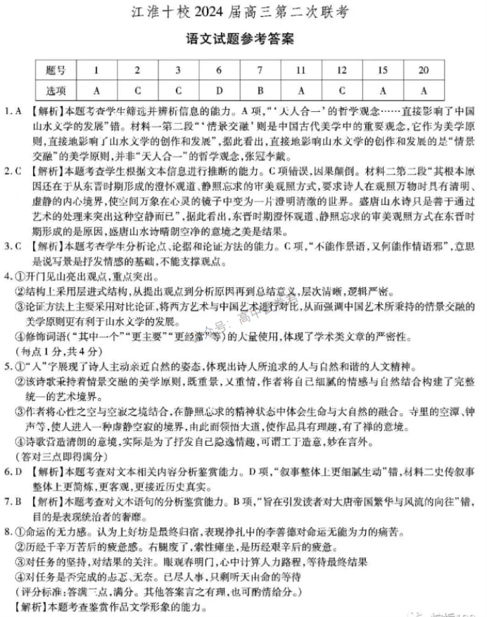 安徽江淮十校2024高三第二次联考语文试题及答案解析