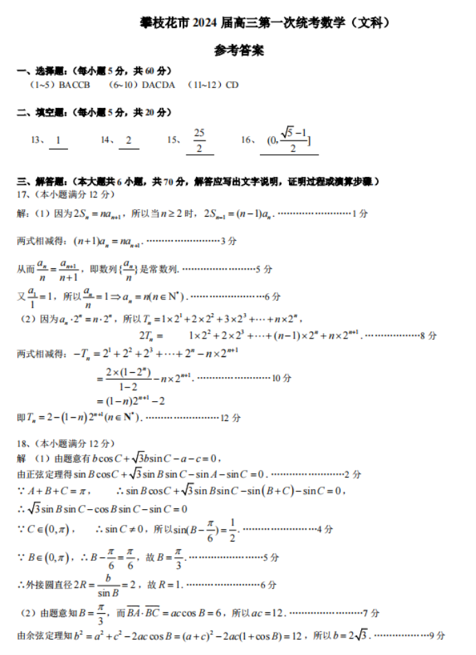 四川攀枝花2024高三11月一统考试文科数学试题及答案解析