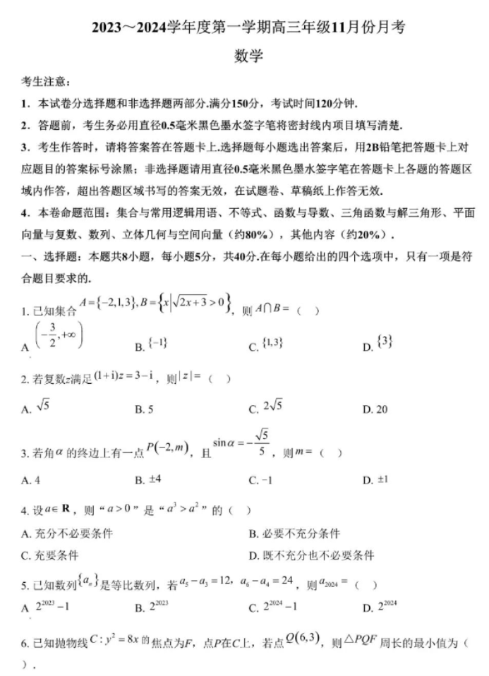 河北沧州三县联考2024高三11月月考数学试题及答案解析