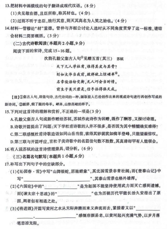 山东临沂市2024高三上学期期中考试语文试题及答案解析
