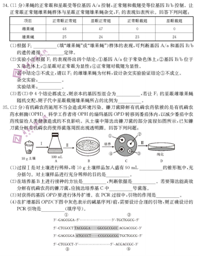 云南楚雄州金太阳2024高三期中监测理综试题及答案解析