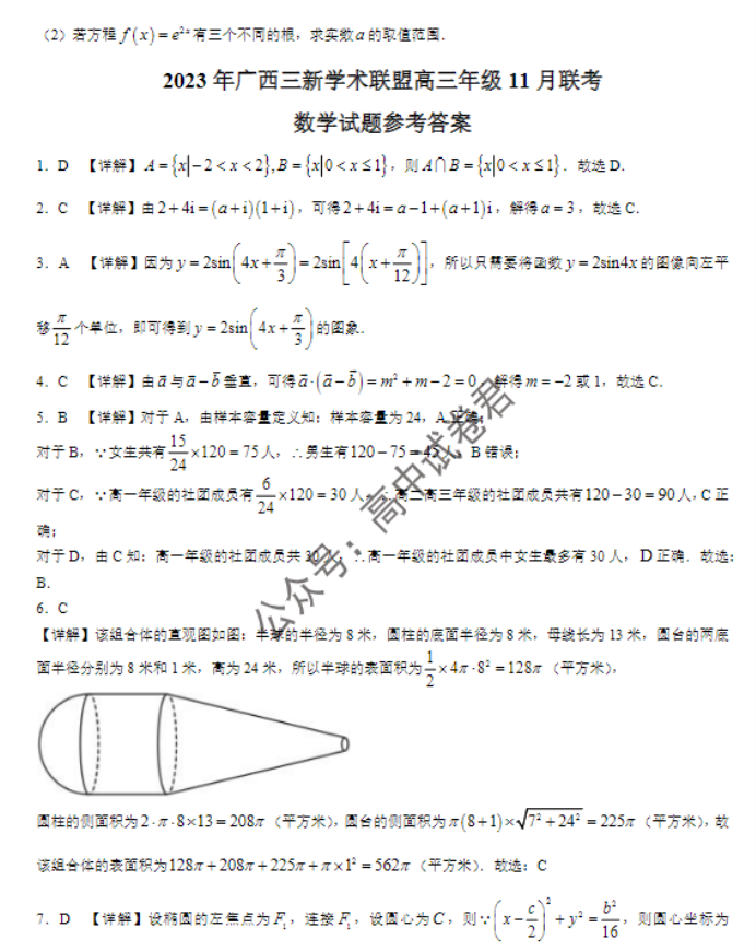 广西三新学术联盟2024高三11月联考数学试题及答案解析