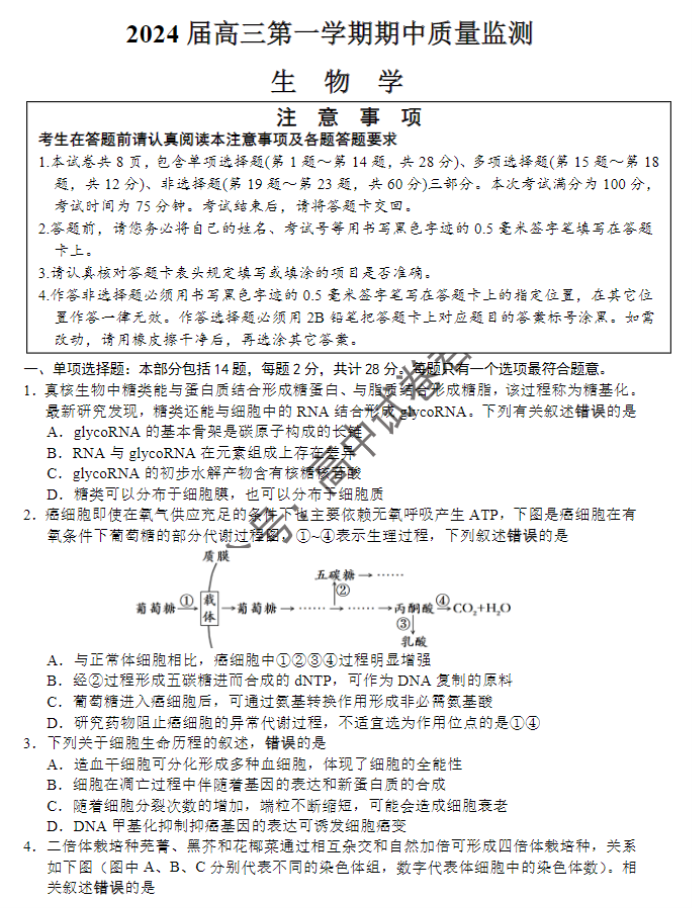 江苏淮安及南通2024高三11月期中监测生物试题及答案解析