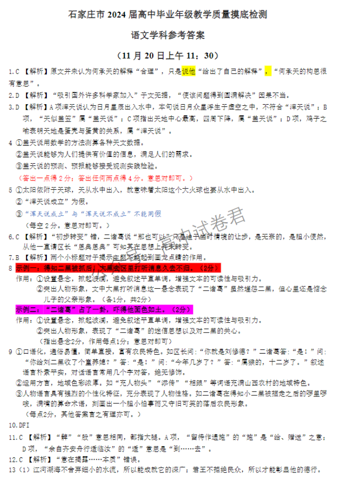 河北石家庄市2024高三11月摸底检测语文试题及答案解析