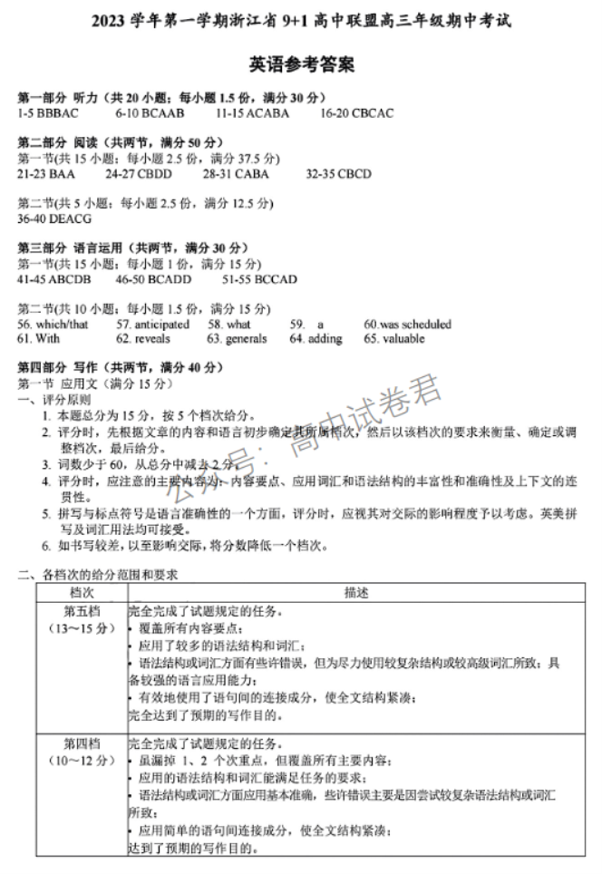 浙江省9+1高中联盟2024高三期中联考英语试题及答案解析