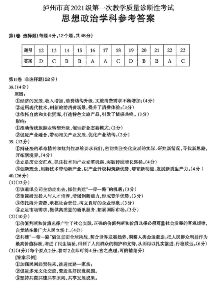 四川泸州市2024高三第一次诊断性考试文综试题及答案解析