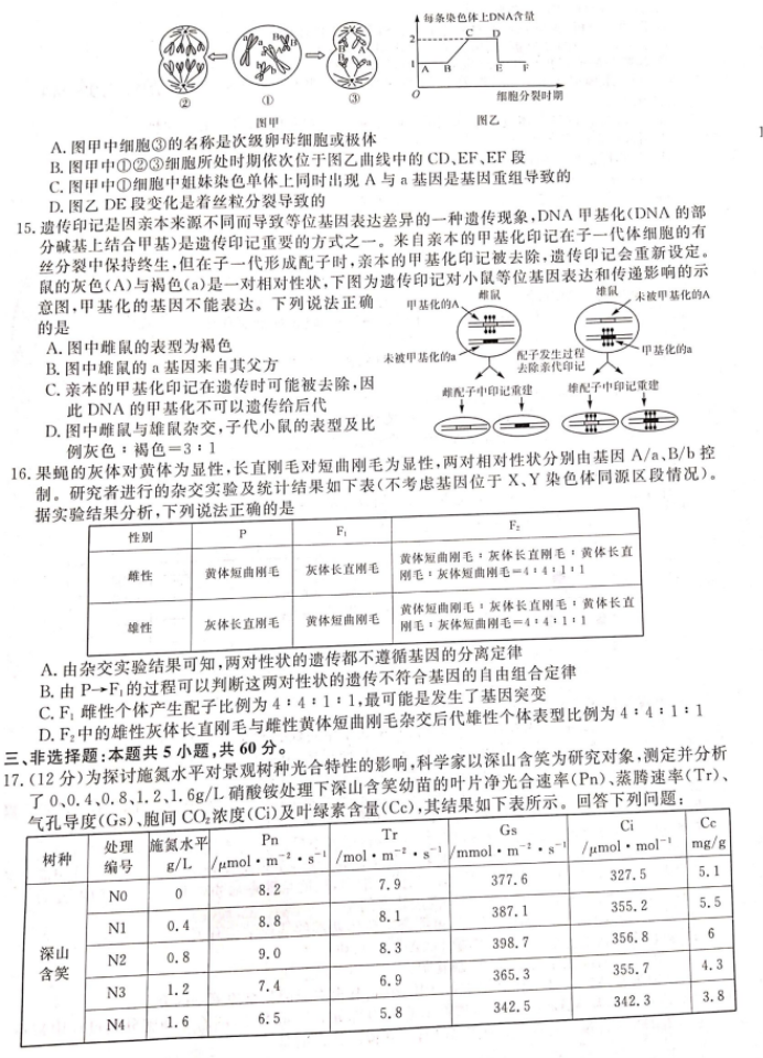 湖南衡阳市2024高三11月质量检测生物试题及答案解析