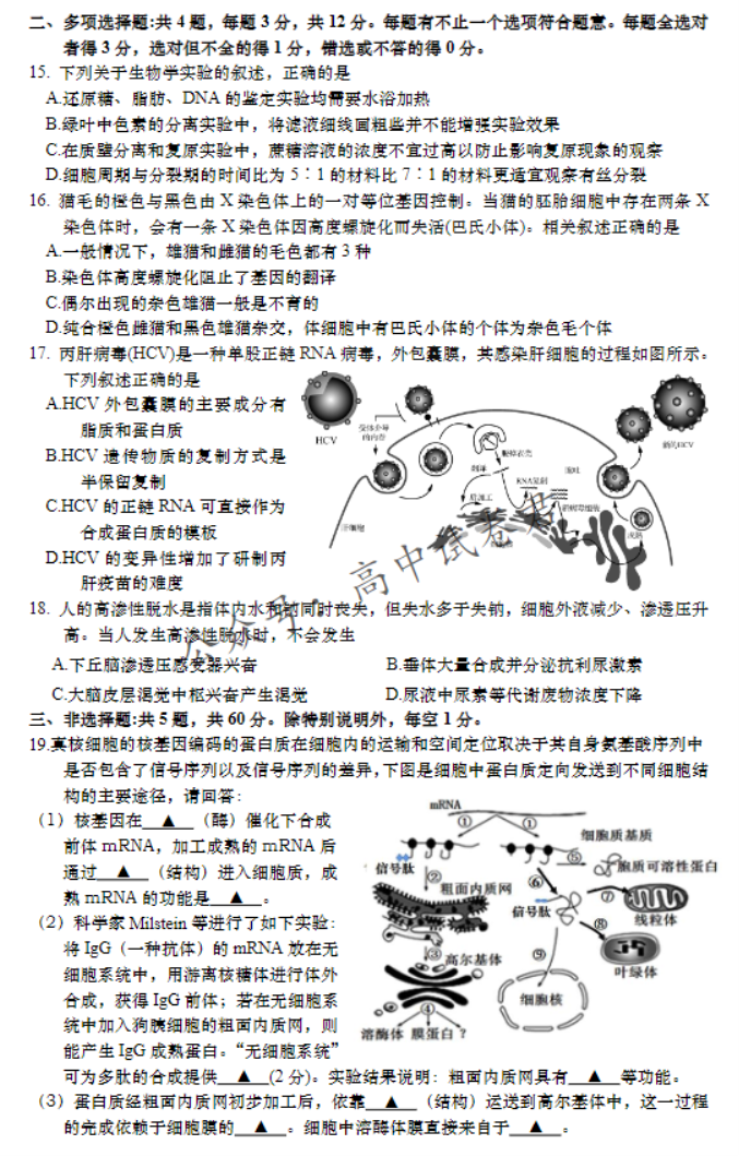 江苏淮安高中协作体2024高三期中联考生物试题及答案解析