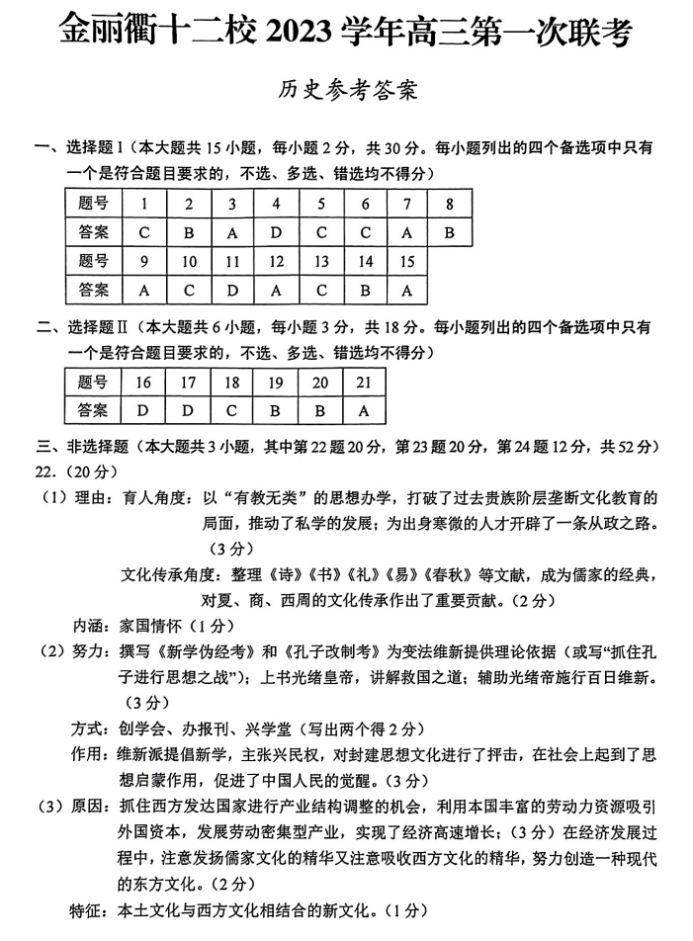浙江省金丽衢十二校2024高三12月联考历史试题及答案解析