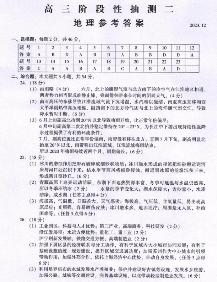 江苏常熟市2024高三12月阶段性抽测二地理试题及答案解析