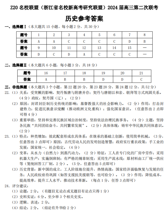 浙江Z20名校联盟2024高三第二次联考历史试题及答案解析