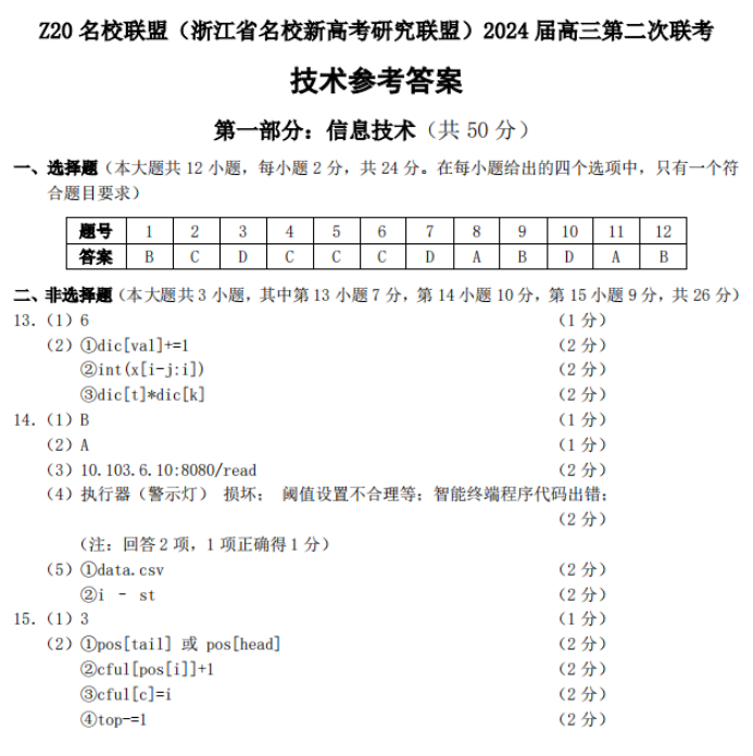 浙江Z20名校联盟2024高三第二次联考技术试题及答案解析