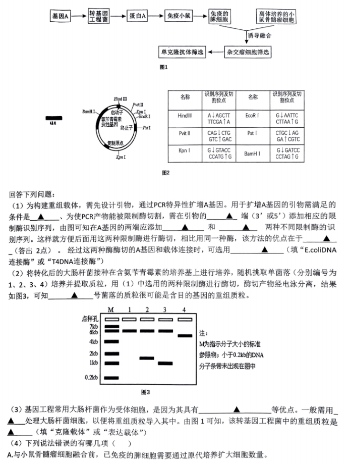 浙江北斗星盟2024高三12月适应性考试生物试题及答案解析