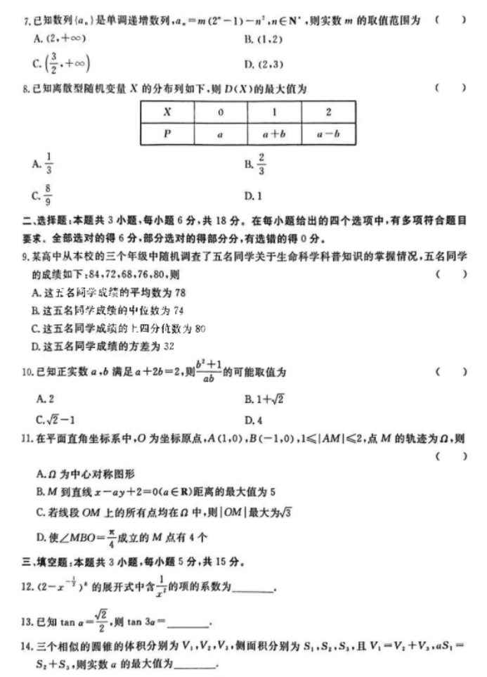 河南青桐鸣大联考2024高三期末考数学试题及答案解析