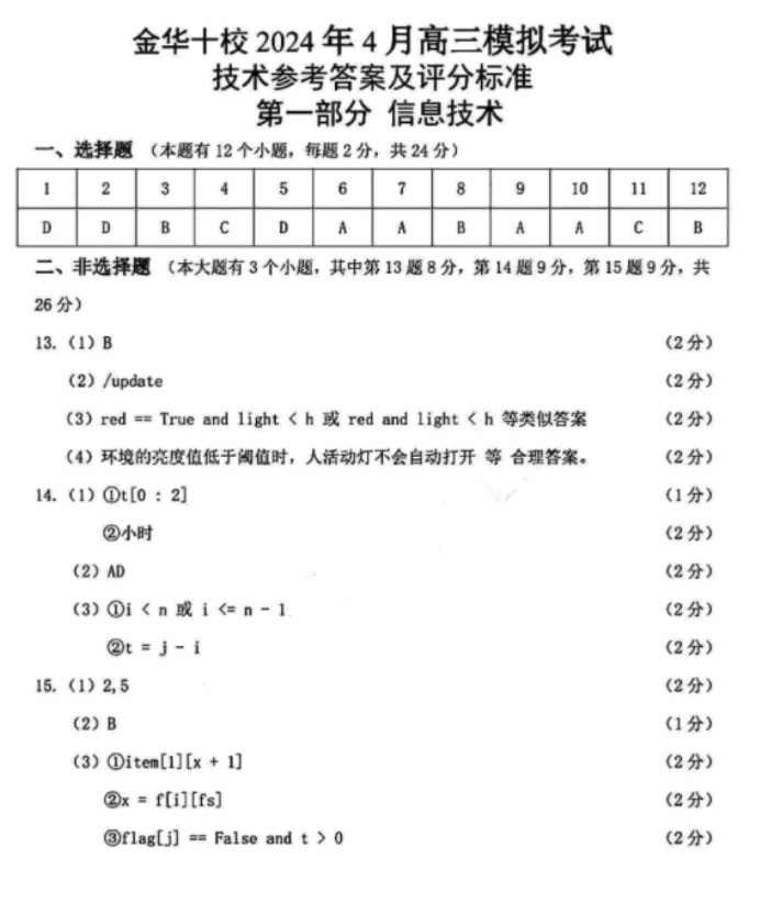 浙江金华十校2024高三4月二模考试技术试题及答案解析