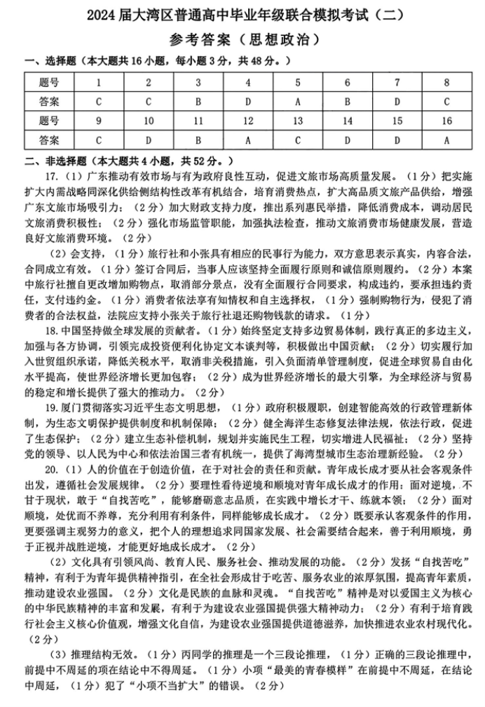 广东大湾区2024高三4月二模考试政治试题及答案解析