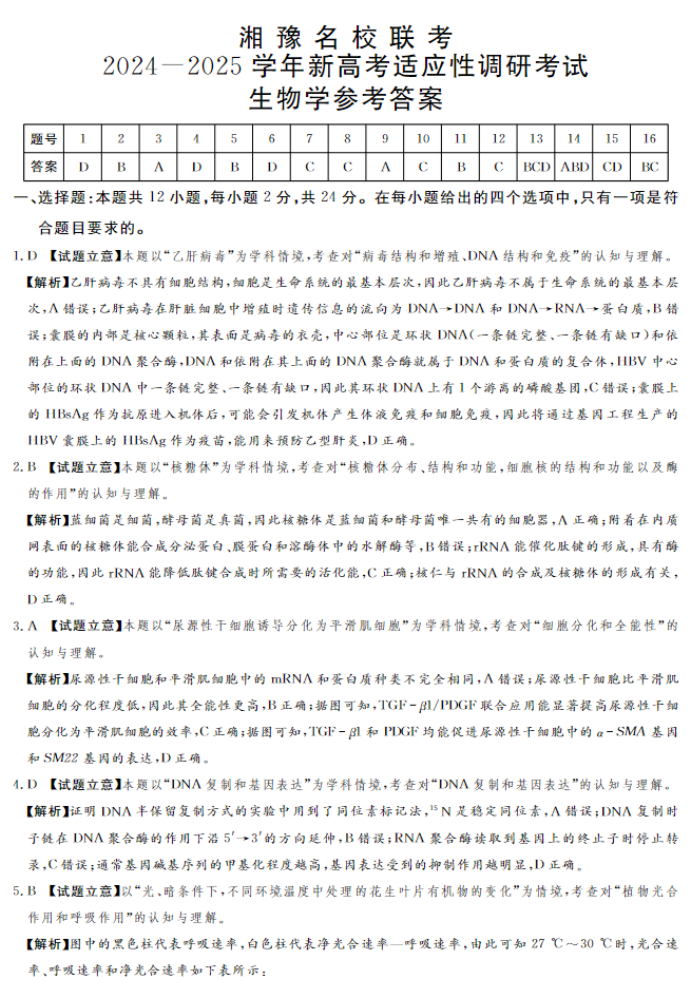 湘豫名校2025高三9月新高考适应性调研考生物试题及答案