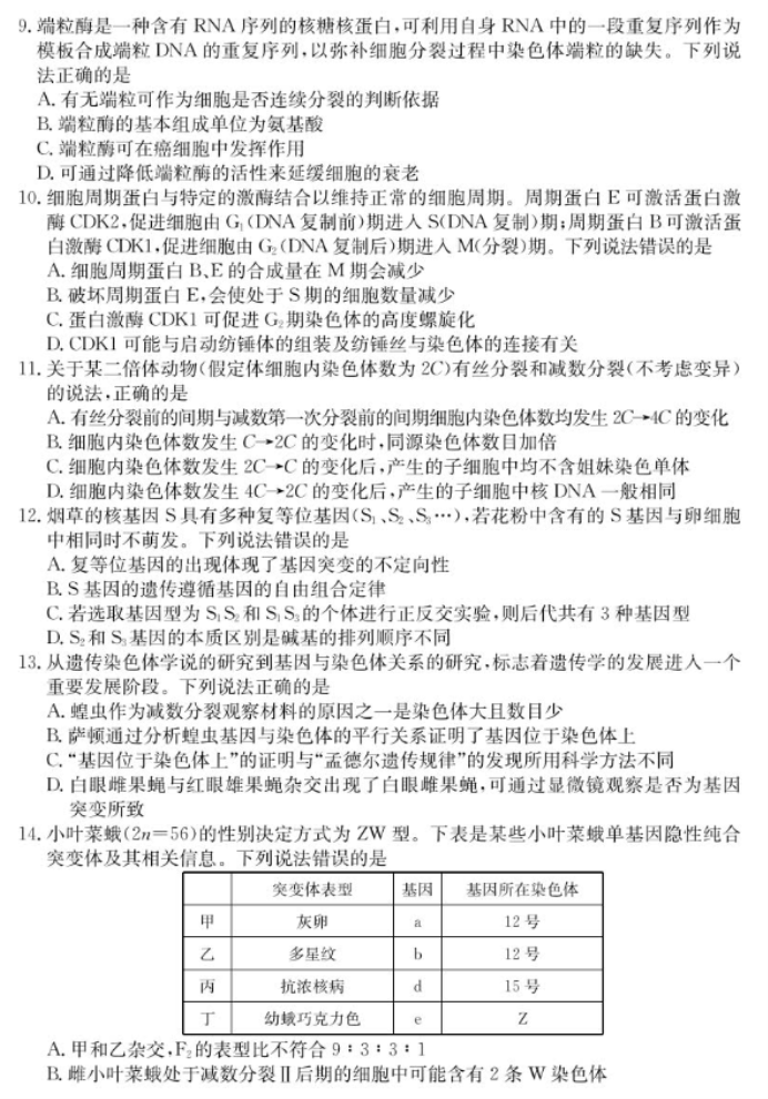 山东新高考联合质量测评2025高三10月联考生物试题及答案