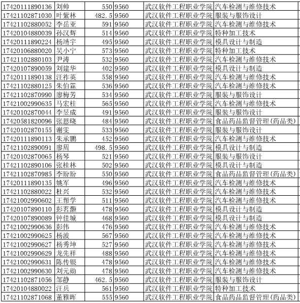 2017年武汉软件工程职业学院单独招生拟录取名单