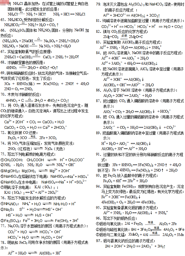 500个高中化学方程式高中化学方程式总结版