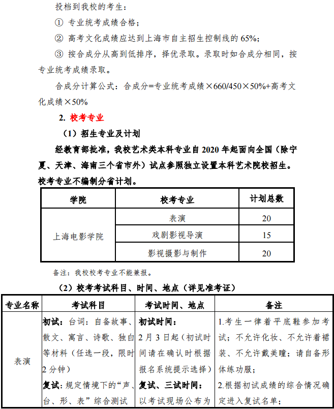 2020上海大学上海电影学院艺术类招生简章