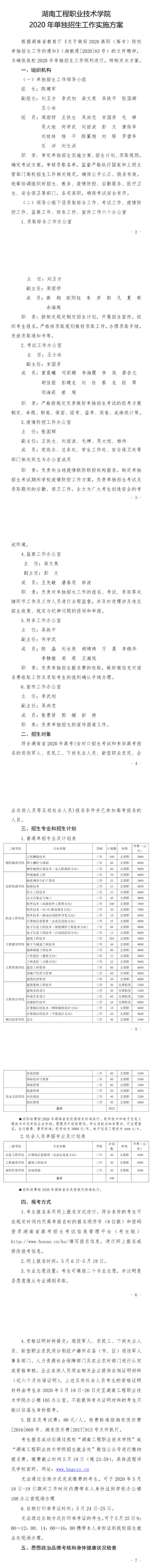 2020湖南工程职业技术学院单独招生简章