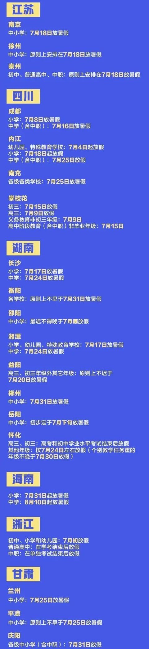 2020全国中小学暑假放假时间安排