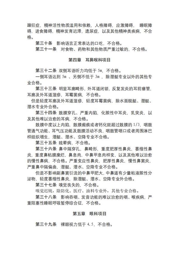 2020年上海高校军队招生体检要求